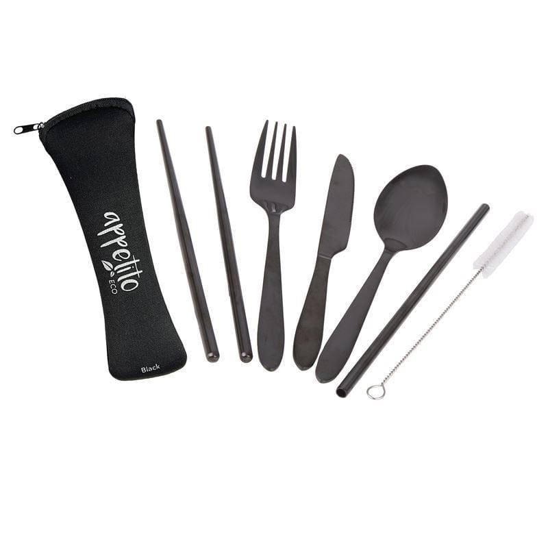 Appetito – Stainless Steel Traveller’s Cutlery Set in Zippered Pouch Black-1791295556602171392